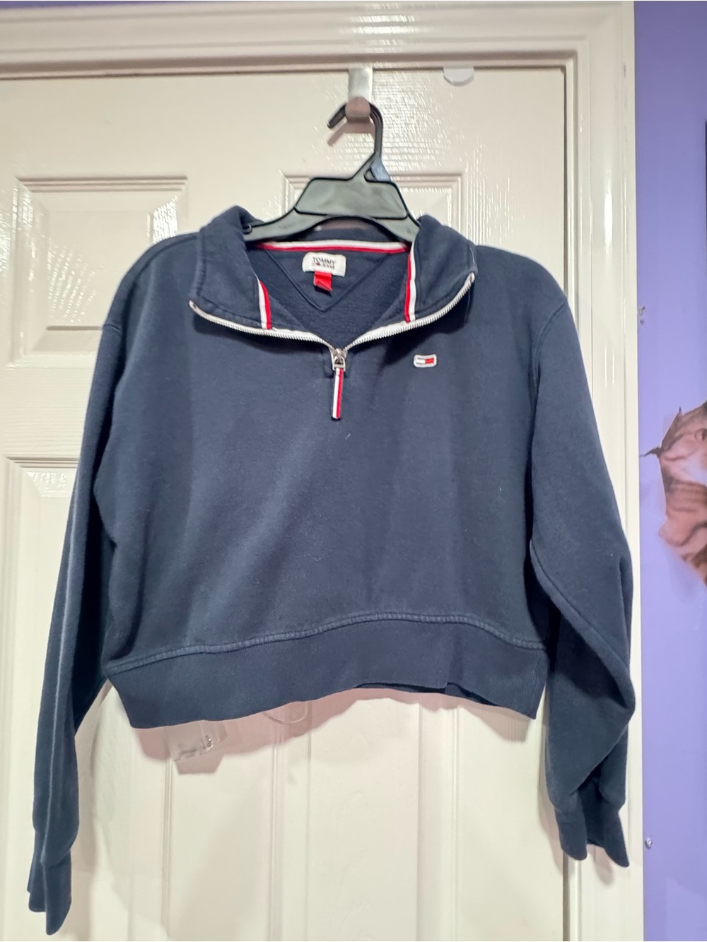 Tommy Hilfiger Navy Cropped Quarter-Zip Sweater with Red & White Trim